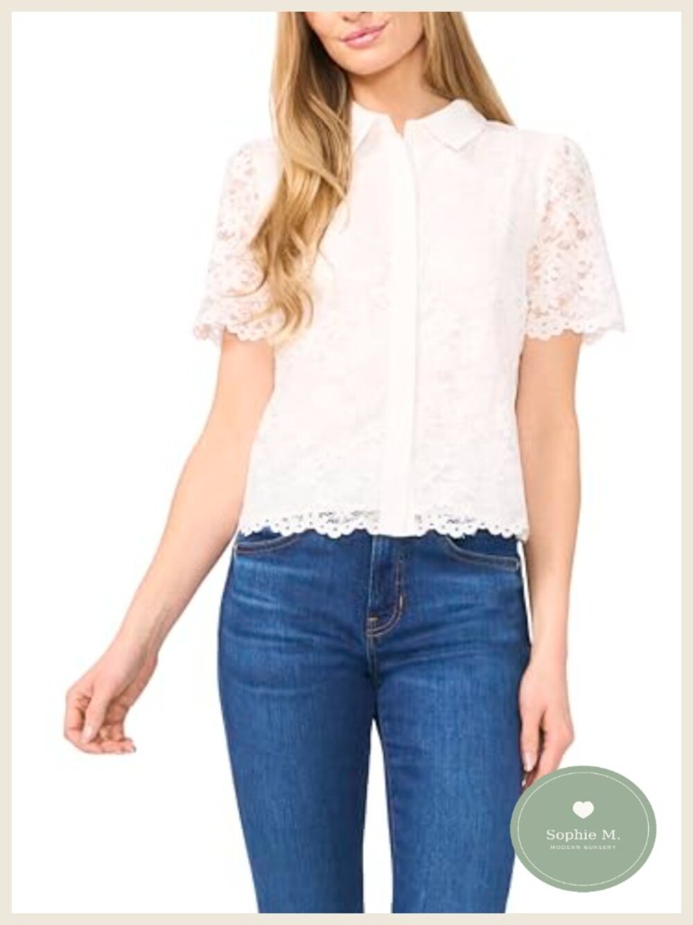 Lace Short Sleeve Hidden Placket Blouse Button Down